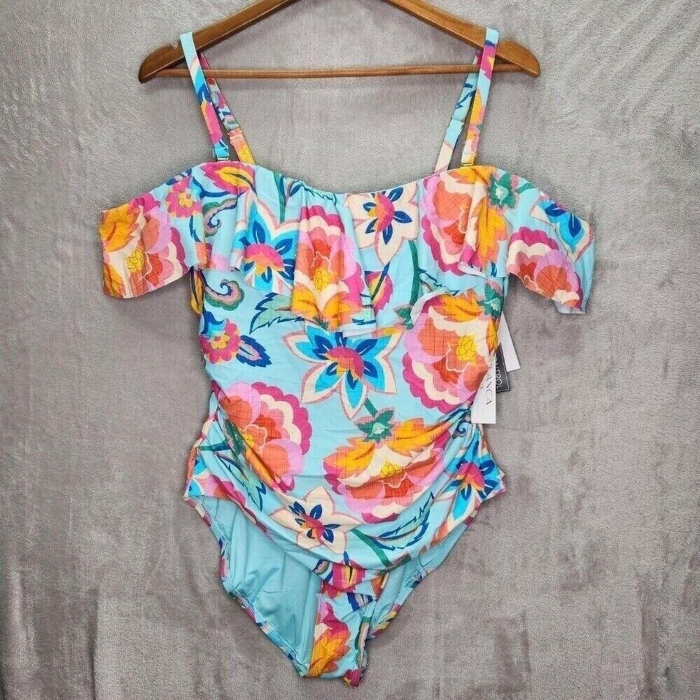 La Blanca Women's multi Floral Ruffle Off Shoulder One Piece Swimsuit